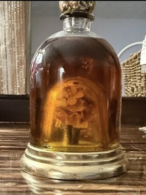 Avon Amber Glass Dome Bell Jar Brocade with Floral Inside NOS